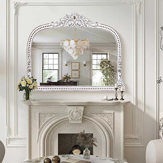 Rustic Farmhouse Woden Wall Mirror: 42x32 Inch Baroque Antique Mirror - Ornate Decorative Arched Mirrors for Fireplace Mantel, Living Room, Entryway