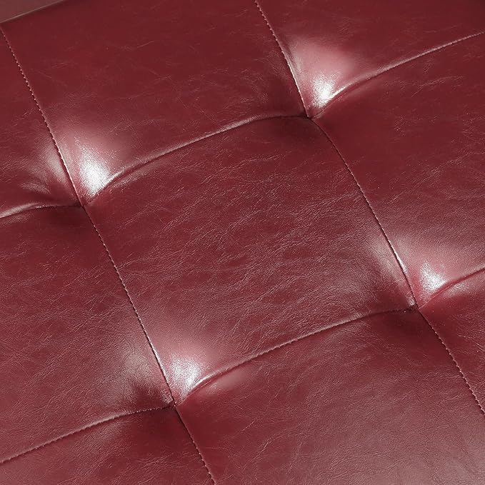 Adeco Faux Leather Storage Ottoman, 17.5" Square Cube Footstool for Living Room & Bedroom, Tufted Vanity Stool with Hinged Lid and Solid Wood Legs, Red
