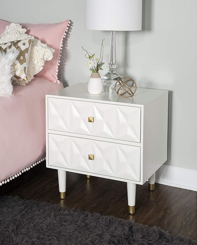 Linon Home Décor Sheerah Two Drawer Geo Texture White Nightstand, Gold