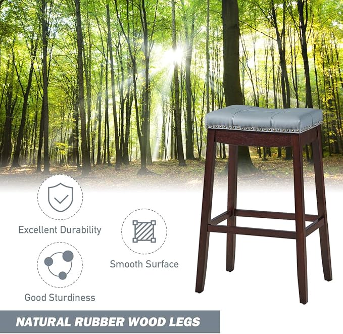 COSTWAY Bar Stools Set of 2, 29-Inch Height Backless Counter Stool with Footrest, Soft Seat Cushion, Wood Legs and Non-Slip Foot Pad, Saddle Stools for Home Kitchen Living Room, Stone Gray+Dark Brown