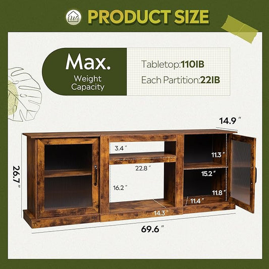 WLIVE Farmhouse TV Stand for 75 inch TV, Entertainment Center with Storage Cabinets, Mid Century Modern TV Console for Living Room, Bedroom, Rustic Brown