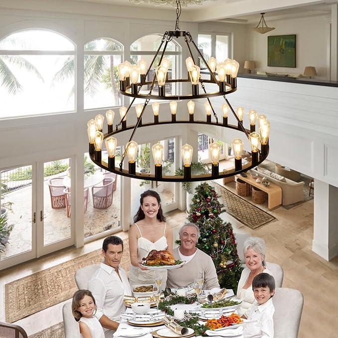 Wagon Wheel Chandelier 2 Tier 48-Inch 36-Light, Farmhouse Industrial Chandelier Black Rustic Pendant Light Fixture Extra Large for High Ceilings, Living Room Foyer