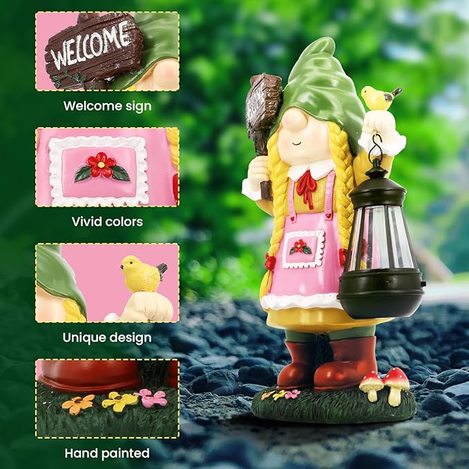 Solar Garden Gnome Outdoor Decor - Solar Garden Gnomes Outdoor Statues - Solar Gilrs Gnomes Decorations for Outside - Large Welcome Garden Gnomes Figurine - Unique Birthday Housewarming Gifts
