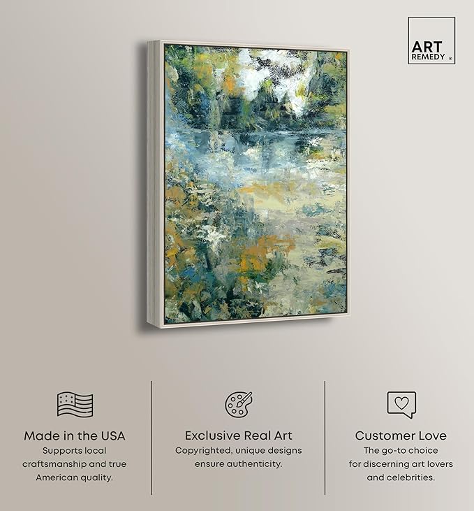 Art Remedy Green Moss Monet Garden Green Abstract Canvas Wall Art, Silver Floater Frame, 24"x36"