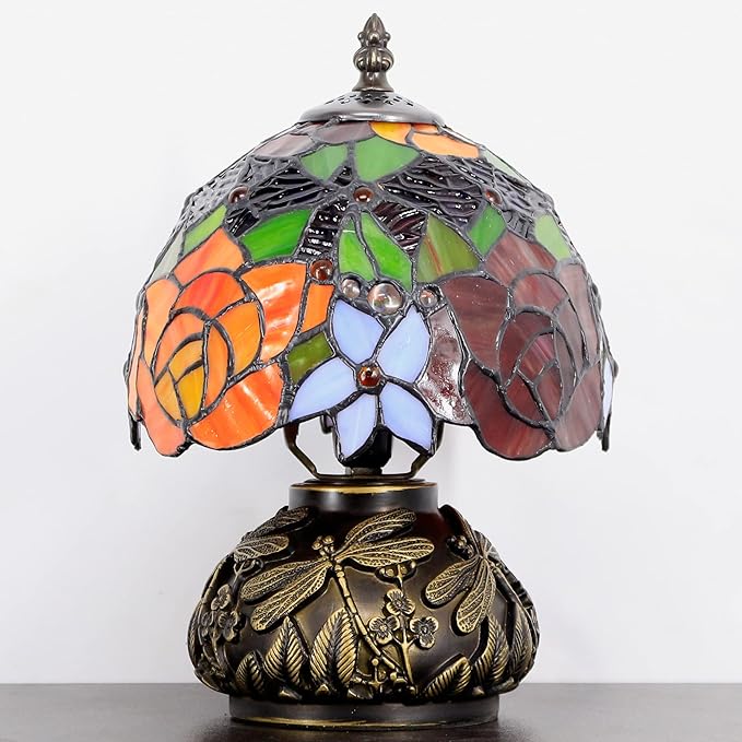 Small Tiffany Lamp Mini Stained Glass Table Lamp Red Yellow Rose Style Mushroom Desk Light Memory Sympathy Lamp 8X11 Inch