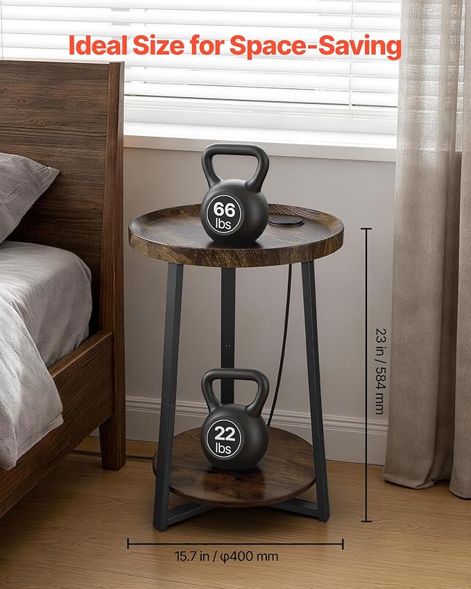 VEVOR Round Side Table with Charging Station, 15.7" Metal Round End Table with Storage Shelves, 4.9ft Power Cord, Modern Nightstand for Bedroom, Living Room, Office – Brown
