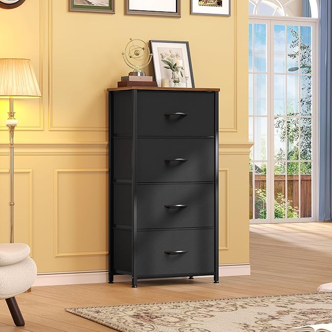 DWVO Dresser with 4 Drawers - Fabric Dresser, Organizer Unit for Bedroom, Living Room, Closets - Sturdy Steel Frame, Easy Pull Fabric Bins & Wooden Top