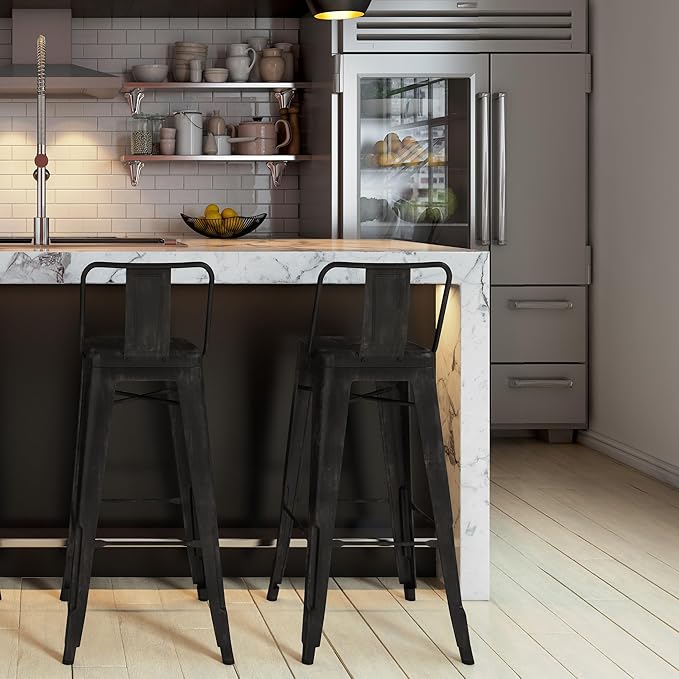 SIMPLIHOME Rayne Industrial Metal 30 inch Bar Stool (Set of 2) in Distressed Black for the Dining Room and Kitchen