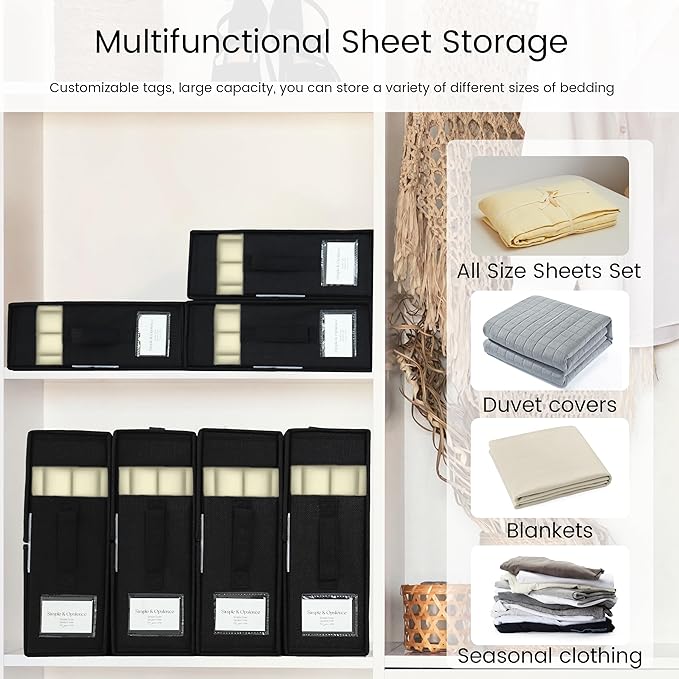 Simple&Opulence 4 Pack Bed Sheet Organizers and Storage, Linen Closet Organizers, Sheets Set Folder Storages with Window and Label (Queen/King Size) Organizing Bedding Container, Black