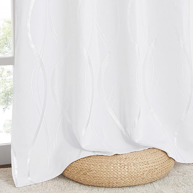NICETOWN White Curtains Panels for Bedroom 2 Panles Set, 52 inch x 84 inch, Wave Line Foil Print Design Curtains for Patio Sliding Door