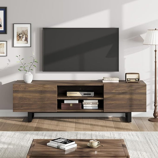 GarveeHome Industrial TV Stand for 80 in, Modern Entertainment Center with 2 Drawers, Wooden Media Cabinet with Heavy Duty Leg and Open Storage, TV Console Table for Living Room, Walnut