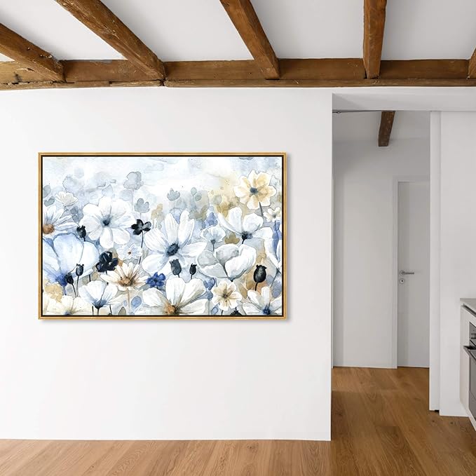The Oliver Gal Artist Co. Floral and Botanical Wall Art Framed Canvas Prints 'Fields Flowers Home Décor, 45" x 30", Blue, White