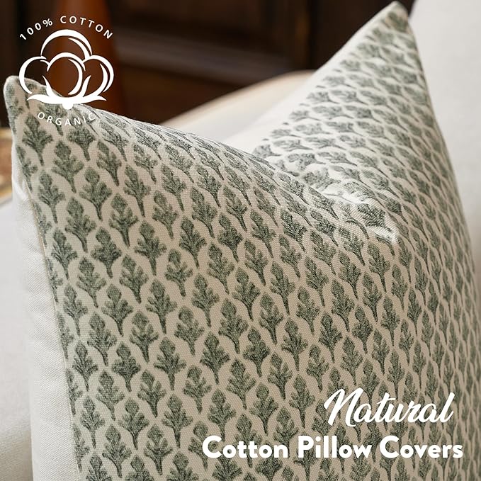FIOUOVO Floral Pillow Covers 20x20 Pillow Cover Block Print Couch Pillows for Living Room Decorative Neutral Accent Throw Pillow Covers, 1PC, Olive Green