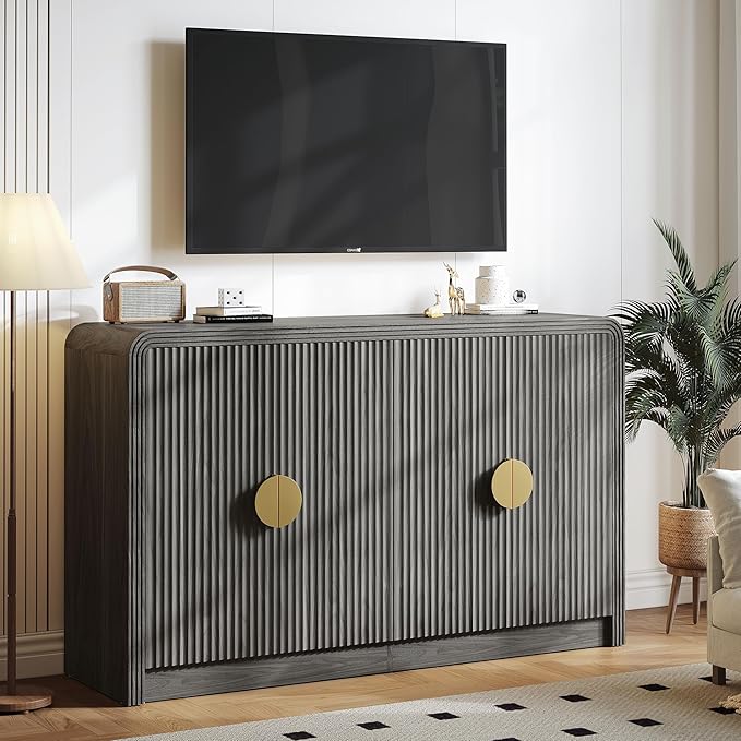 55" Buffet Sideboard Cabinet, Mid Century Modern Console Cabinet with Wavy Grain Doors & Adjustable Shelves for Kitchen Cabinets, Living Room, Entryway, Coffee Bar Cabinet (Black Walnut)