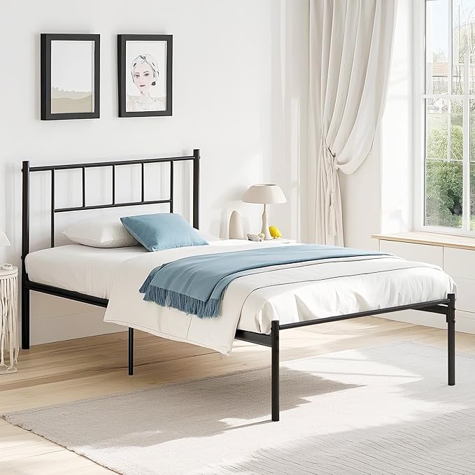 VECELO Twin Metal Platform Bed Frame with Headboard, Heavy Duty Steel Slat Support, Under Bed Storage,No Box Spring Needed, Easy Assembly