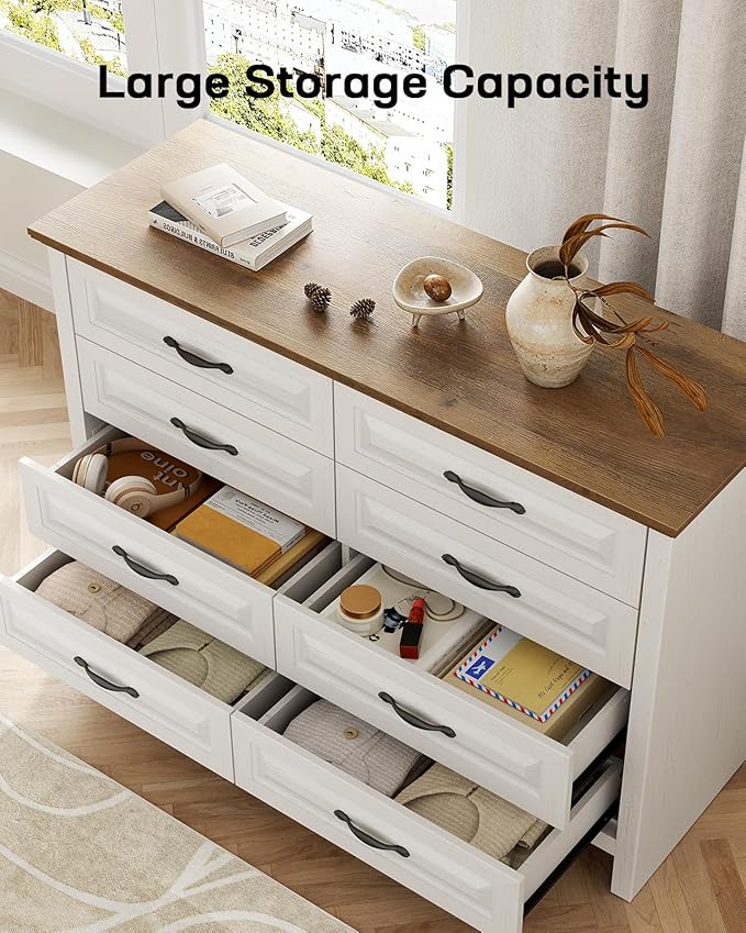 Marsail 8-Drawer Farmhouse Dresser, Solid Wood Storage Space, Sturdy Wide Chest with Smooth Glide Drawers & Anti-Slip Kit, for Bedroom or Hallway, Brown&White