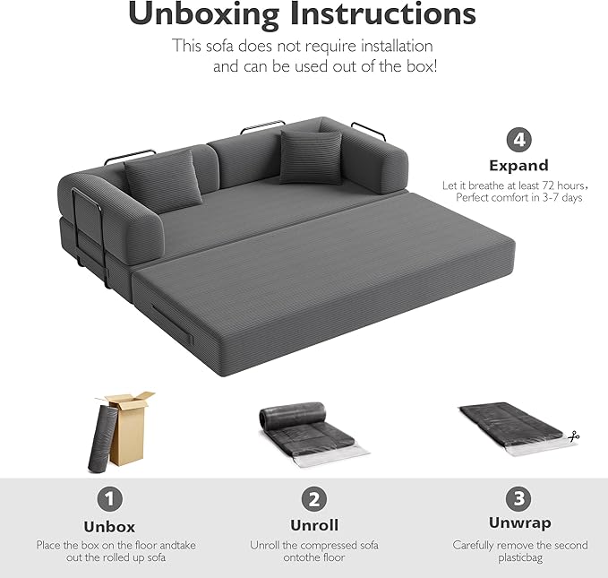 79in Convertible Sofa Bed, Corduroy Boneless Couch Bed, Futon Sleeper Sofa Pull Out Bed, Foldable Couch for Living Room Apartment, No Assembly Required
