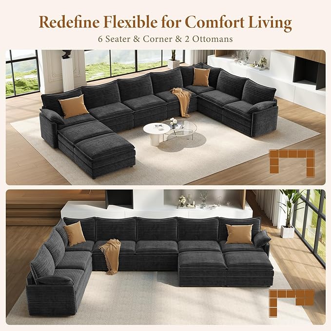 Vesgantti Large Modular Sectional Sofa, Big Comfy Cloud Couch with Ottoman Deep Seat Corduroy Cloud Sofa, 9 Seater Large Sectional Couches for Living Room, Bedroom and Apartment, Gray | Sink-in Comfort, Height Adjustable, Easy Rearrangement, Extra-deep...