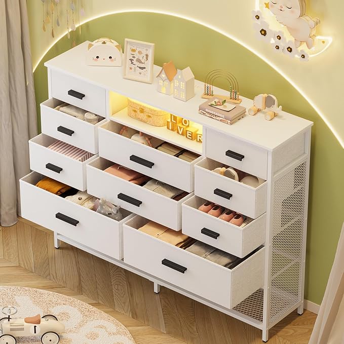 White Dresser for Bedroom, Fabric Chest of Drawers with Charging Station and LED Light, TV Stand Dresser with Shelves for 55" TV, 10 Drawers Dressers with PU Finish for Living Room, Closet