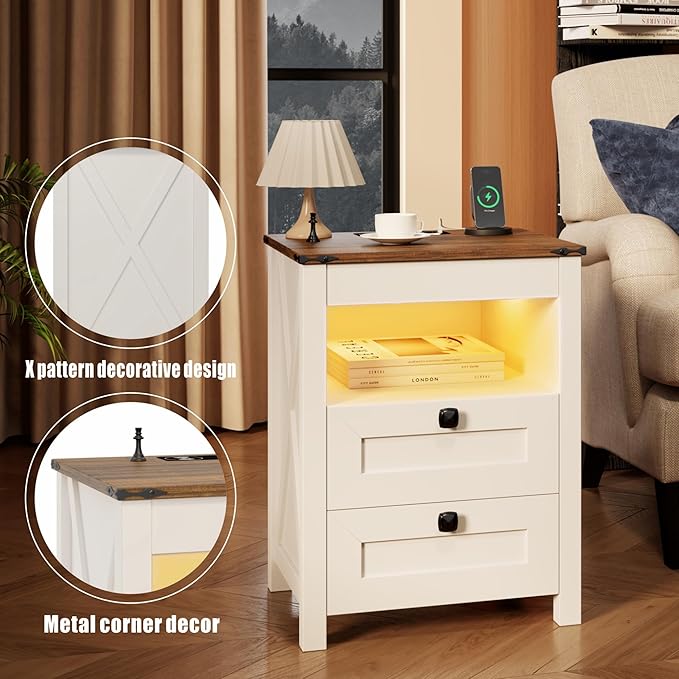 Night Stand Set 2 with Gun Drawer, Farmhouse Bedside Table with Charging Station, Gun Nightstand with LED Light & Human Sensor, Smart End Table for Bedroom, Antique White