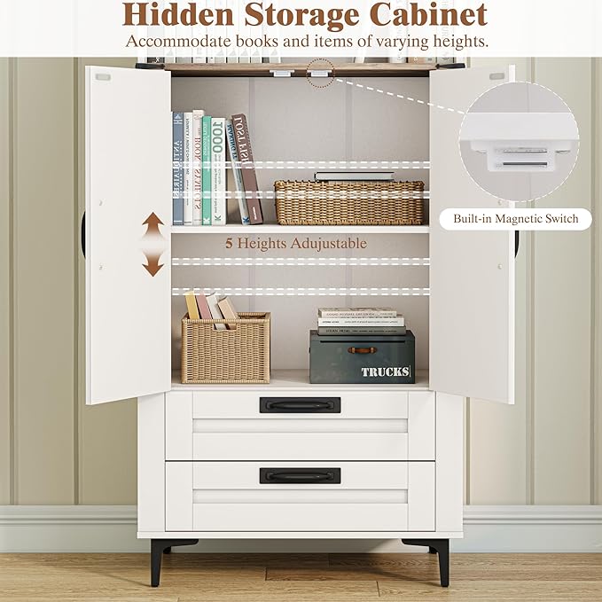 Bookshelf with Doors and 2 Drawers, 72in Tall Bookcase with Storage Cabinet and Adjustable Shelf, White Farmhouse Bookshelves Wood for Living Room, Bedroom