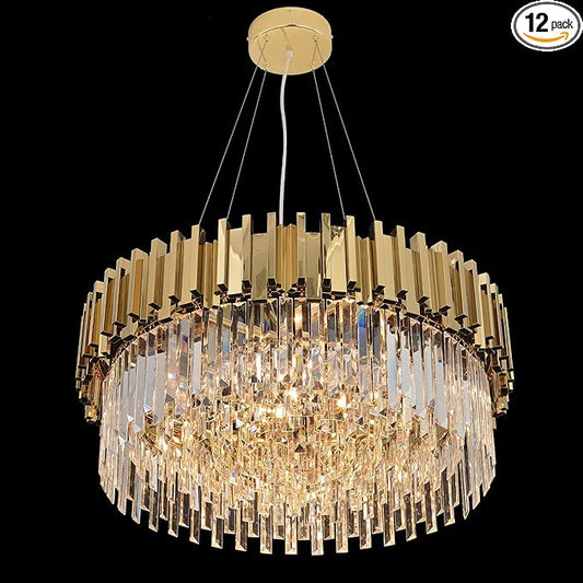 Modern Crystal Chandelier Lighting Round Gold Pendant Lights Fixture with Stainless Steel Shade Island Chandeliers Ceiling Dining Room Living Room Contemporary Kitchen Dimmable 12-Lights