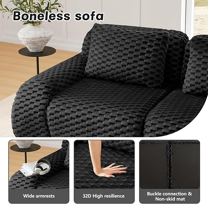KEIKI 81.9" Loveseat Boneless Couches for Small Living Room, Space Saving Modular Sectional Velvet Sofa with Ottoman, Deep Seat Comfy Chaise Lounge Indoor for Apartment Furniture, Modern Decor, Black