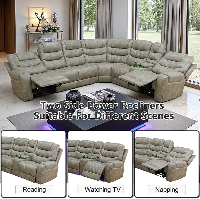 Power Recliner Sectional Sofa with LED Light for Living Room, Grey Air Leather Reclining Sofa Corner Sectional Couches Set, Cup Holder, Storage Console for Home Theater Seating, Grey