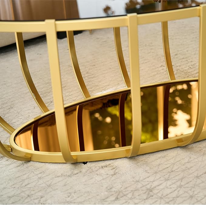 Saint Mossi Glass Oavl Coffee Table for Living Room, Modern 2-Tier Gold Center Table, Brown Glass Top and Brown Mirror Shelf with Gold Finish Legs & Frame