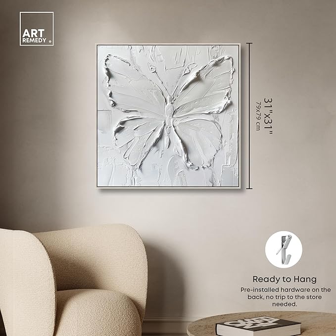 Art Remedy White Butterfly Canvas Elegant White Gold Wall Art, Silver Frame, 30" x 30"