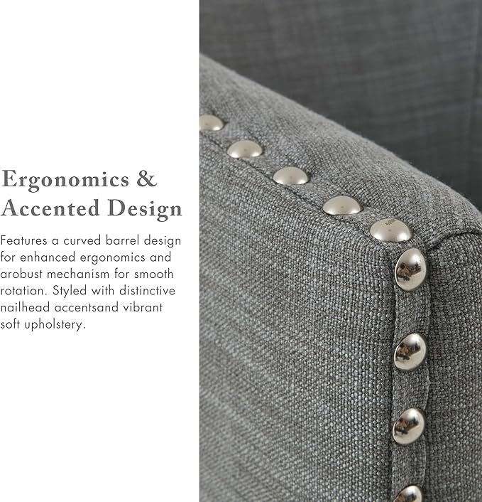 Madison Park Swivel Barrel Accent Chair, Upholstered Curved Back with 7-Inch Thick Woven Cushion, 360° Swivel, Nailhead Trim, Comfy Chair for Living Room, Bedroom, Office, 28" Wide, Grey, Tyler