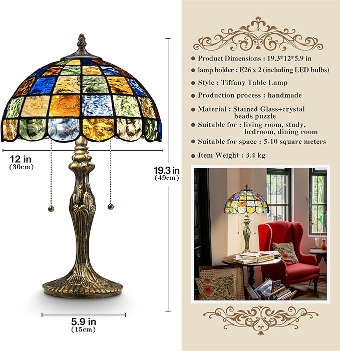 Tiffany Lamp Crystal Square Style,Stained Glass Table Lamp 12" Vintage Living Room Office Bedroom Bedside Reading Lamp,Handmade Tiffany Desk Light -Decorate Gift (2 LED Bulb Included)
