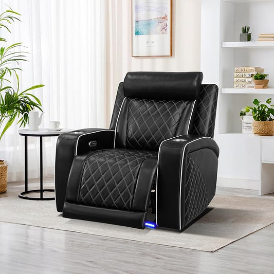 Power Recliner Chair for Living Room, Air Leather Reclining Chair with LED Lighting&USB for RV (Black)