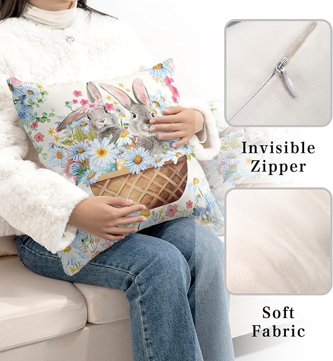 Easter Bunny Pillow Covers 22x22 Spring Rabbit Daisy Floral Throw Pillow Covers A Basket Filled with Lovely Bunny and Flowers Pillowcase Cushion Case for Sofa Patio Garden 2 Pack