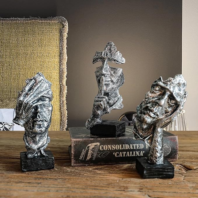 3 Pcs Thinker Statue, Silence is Silvery Abstract Art Figurine, Modern Home Resin Decorative Objects Decor for Home Office Bookshelf Desktop,No Hear No See No Speak Knick Knacks