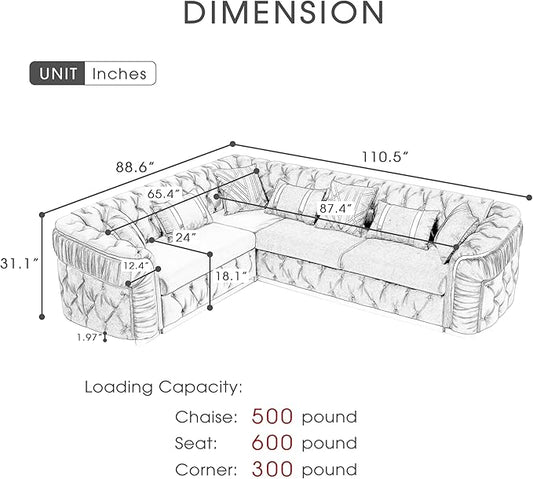 KEIKI 111" L-Shaped Luxury Velvet Chesterfield Sectional Sofa with Gold Stainless Steel Accents and 7 Pillows, Mid-Century Oversized 5-Seater Button Tufted Couch, Easy Assembly, for Living Room, Grey