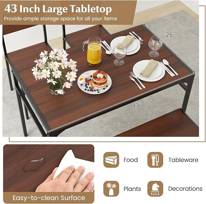 COSTWAY 4 Pieces Dining Table Set, Kitchen Table and 2 Chairs for 4 with Bench, Storage Racks, Metal Frame & Space-Saving Design, Industrial Kitchen Table Set for Small Space, Apartment (Walnut)