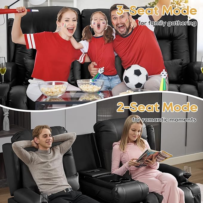 IPKIG Power Recliner Sofa with Flip-Up Backrest Console, USB & USB-C Ports, AC Outlet, LED Lights, Wall Hugger Recliners for Living Room, RV (Midnight Black, 67" - 2 Seat) | Breathable Leather, Zero Gravity, Dual Reclining, 2 Lumabr Pillow, Bluetooth S...