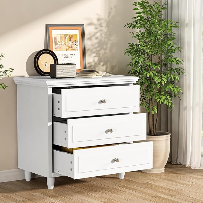 AWQM White Night Stand Set of 2, 3 Drawer Nightstand Set of 2, 22 Inch Wider Side Table with Storage, Rattan Boho Bedside Tables, End Table for Bedroom, White