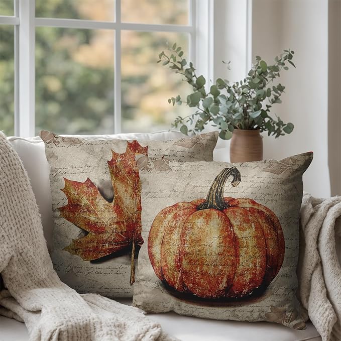 Fall Decorative Pillow Covers 20x20 Set of 2 Vintage Fall Burnt Orange Pumpkin Maple Leaf Throw Pillows Rustic Farmhouse Autumn Thanksgiving Outdoor Cushion Case for Couch Sofa