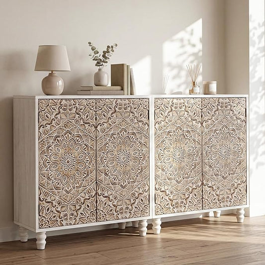 COSIEST Set of 2 32" Buffet Sideboard Cabinets with Vintage Firework Carved Pinewood Doors, Push-to-Open, Storage Accent Cabinet for Living Room, Kitchen, Hallway, Gray