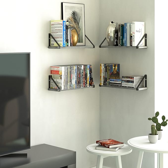Wallniture Ponza 17'' x 4.5'' Floating Wall Shelf Bathroom, Small Wood Book Shelves for Wall Storage, Wall Mounted Shelf, Dining Room, Bedroom, Living Room, Office & Kitchen Organization, Gray, 15pcs