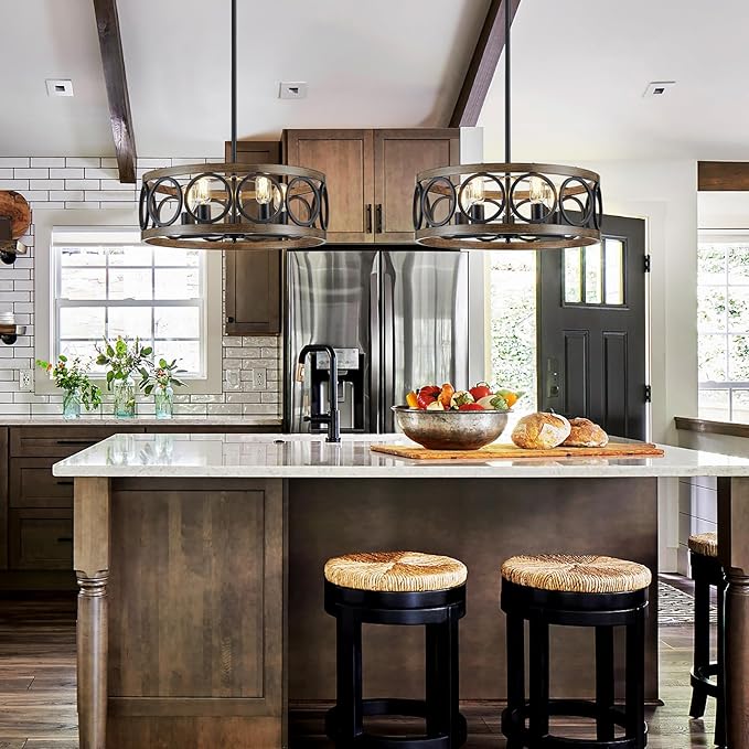 XINGQI Modern Farmhouse Chandelier 5 Lights Black Wood Grain Dining Room Pendant Lighting Fixture 21.7" Drum Chandelier for Living Room Entryway Bedroom