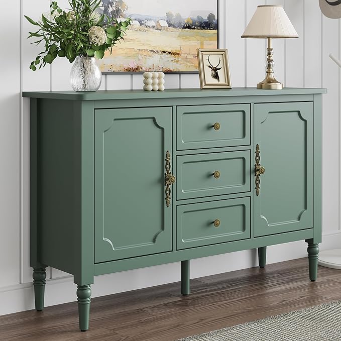 RoyalCraft Buffet Cabinet with 3 Drawers & 2 Doors, Vintage Sideboard with Storage, Mid Century Modern Painted Coffee Bar Table for Entryway, Living Room, Dining Room, Green