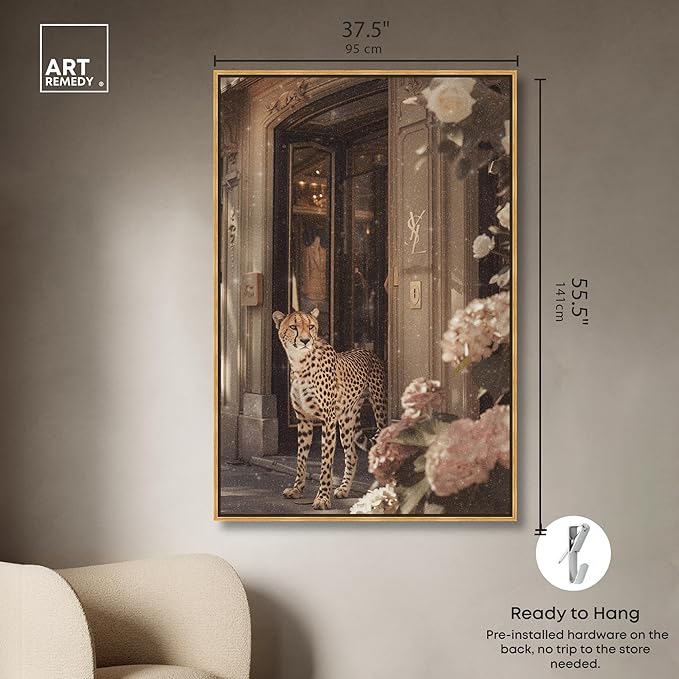 Art Remedy Cheetah at the Store Canvas Fashion Designer Wall Art, Gold Frame, 36" x 54"