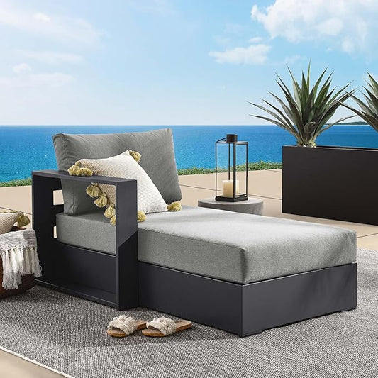 Modway Tahoe Aluminum Outdoor Chaise Lounge in Gray Charcoal with Weather-Resistant Cushions, Modular Left-Facing Patio Lounger for Pool Furniture or Sectional Sofa Set