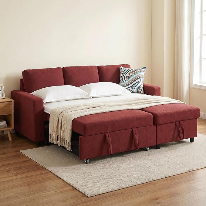 Pull Out Couch, L Shaped Sectional Couch with Pull Out Bed, Convertible Sofa Bed with Storage Chaise, Queen Size Sleeper Sofa, Sofa Bed Couch, Sleeper Sofa with Storage, Red
