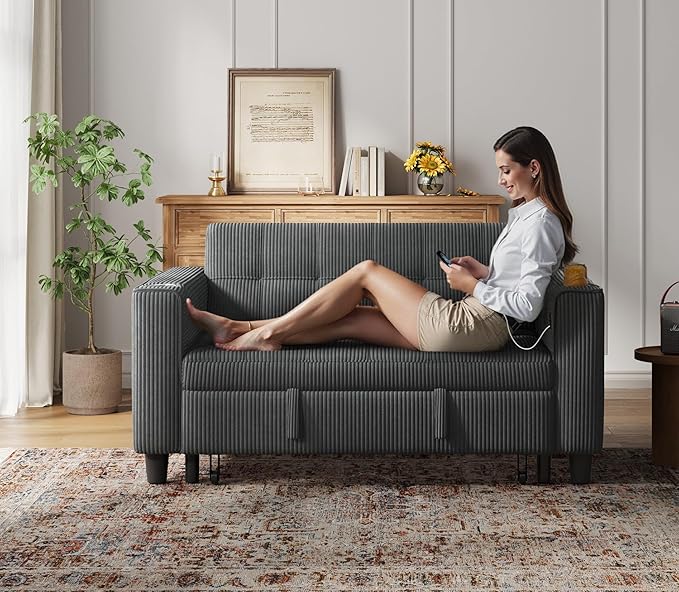 LINSY 54" Pull Out Couch with Charging Station - Sleeper Sofa Bed with Cup Holder, Small 3 in 1 Convertible Loveseat Sleeper Couch for Apartment, Dorm Room, Bedroom and Small Space, Dark Gray