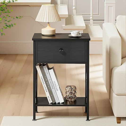 VECELO Night Stand Set of 2, End Tables with Drawer, 2-Tier Bedside Tables with X Shaped, Side Table Stand with Storage Shelf for Living Room/Bedroom,Black