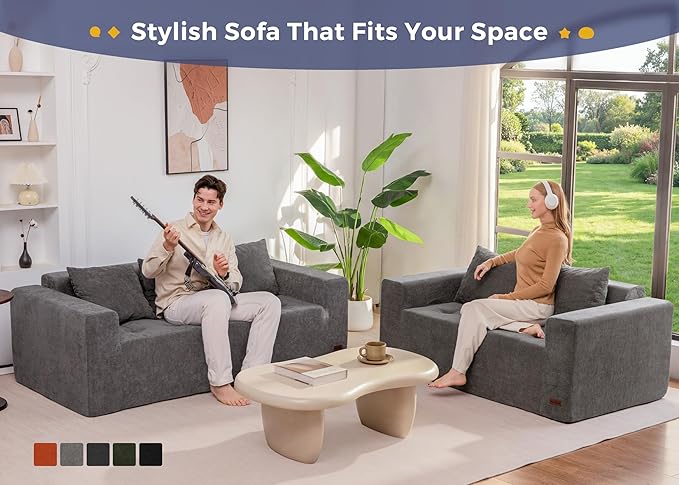 MAXYOYO Modular Sofa Couch, 61" Loveseat Boneless Cloud Couch with Deep Seat, Chenille Upholstered Living Room Sleeper Sofa Chair for Living Room, No Assembly Required, Light Grey